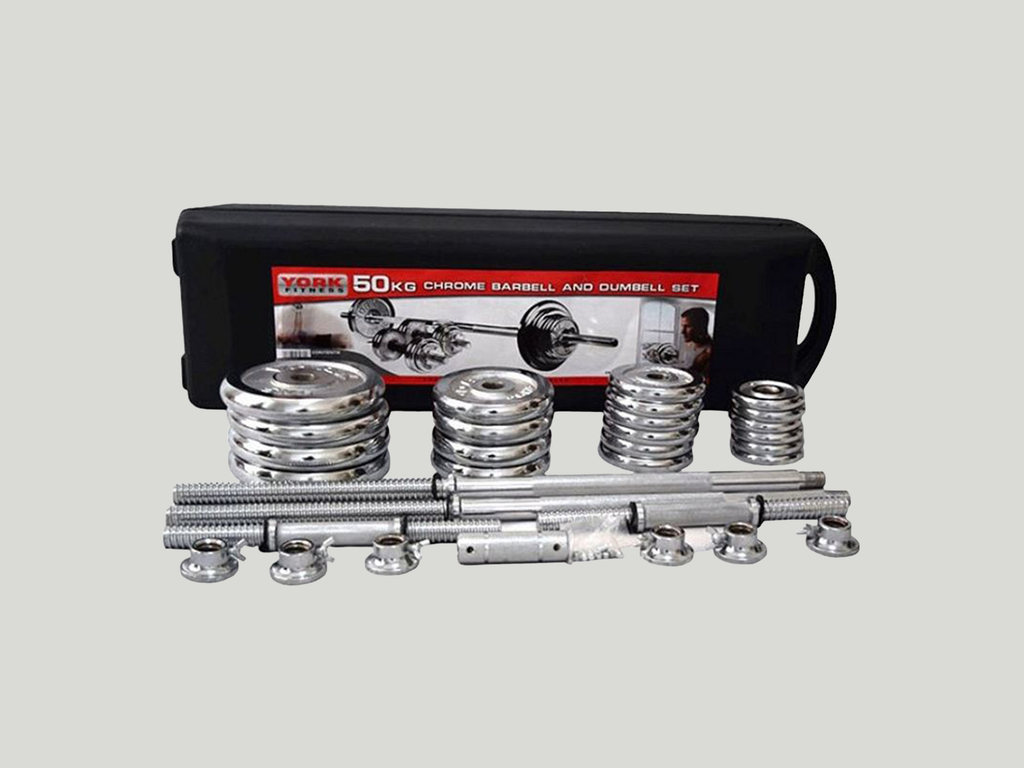 York Fitness 50KG Chrome Dumbbell & Barbell Set